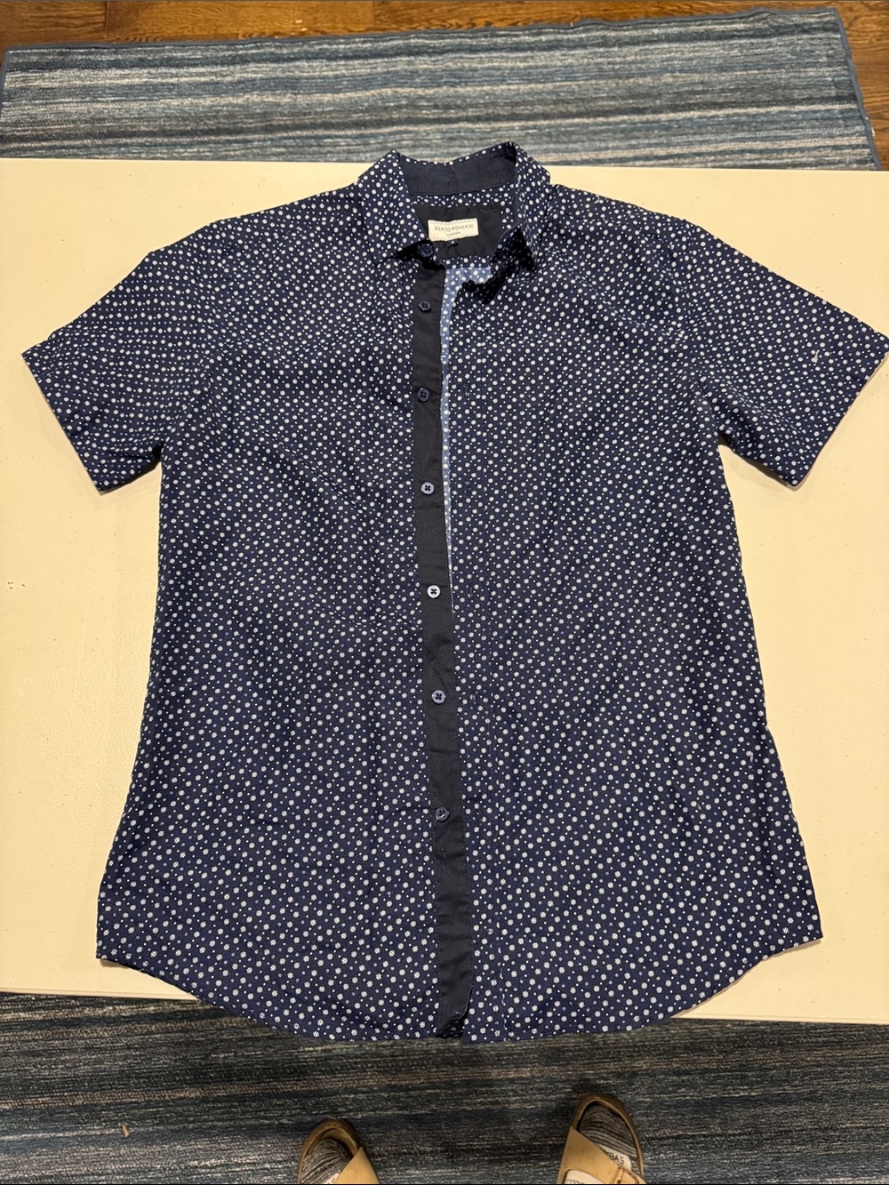 Men's Navy Short-Sleeve Button-Down Shirt with White Dot Print
